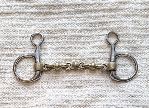 5.25" Hanging cheek snaffle, brass alloy waterford mouthpiece (1980)